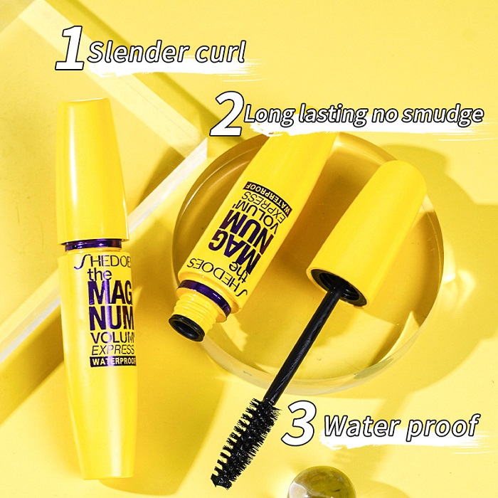 Mascara Waterproof fiber with long curls, thick, natural, long-lasting, and non staining effect "Yellow Fat " eye black