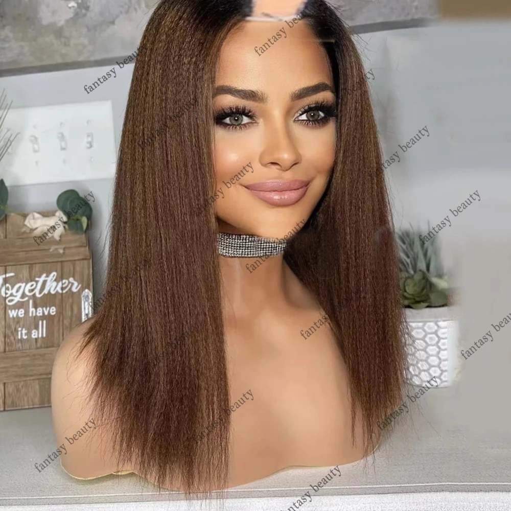 Ombre Dark Chocolate Brown Wigs Light Yaki Straight U Part Wig 100% Human Hair Glueless Kinky Straight Women V Part Wigs 1x4 Opening