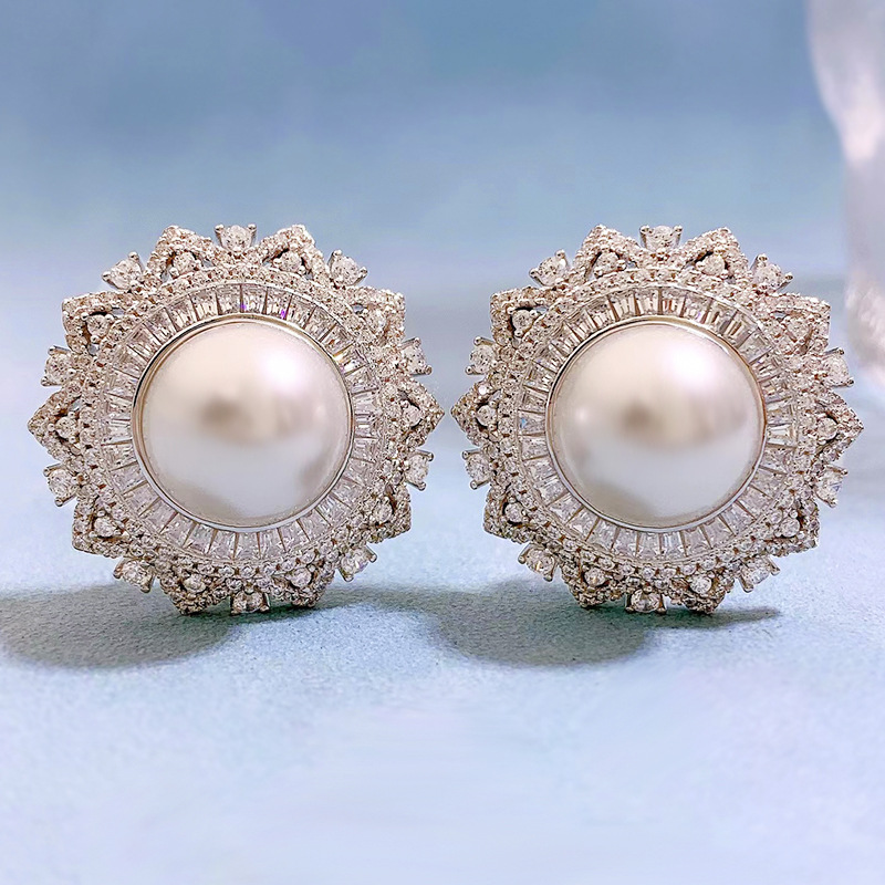 Flower Pearl Diamond Stud Colds 100% prawdziwy 925 Srebrny Srebrny Obietnicy Ślubne Kolczyki dla kobiet Obietnica Prezentacja Prezent biżuterii