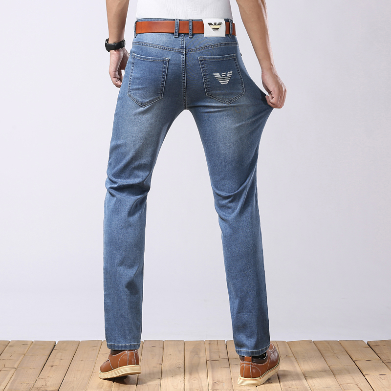 Jeans masculinos primavera verão fino denim fino ajuste europeu americano high-end marca pequena calças retas XL872-3