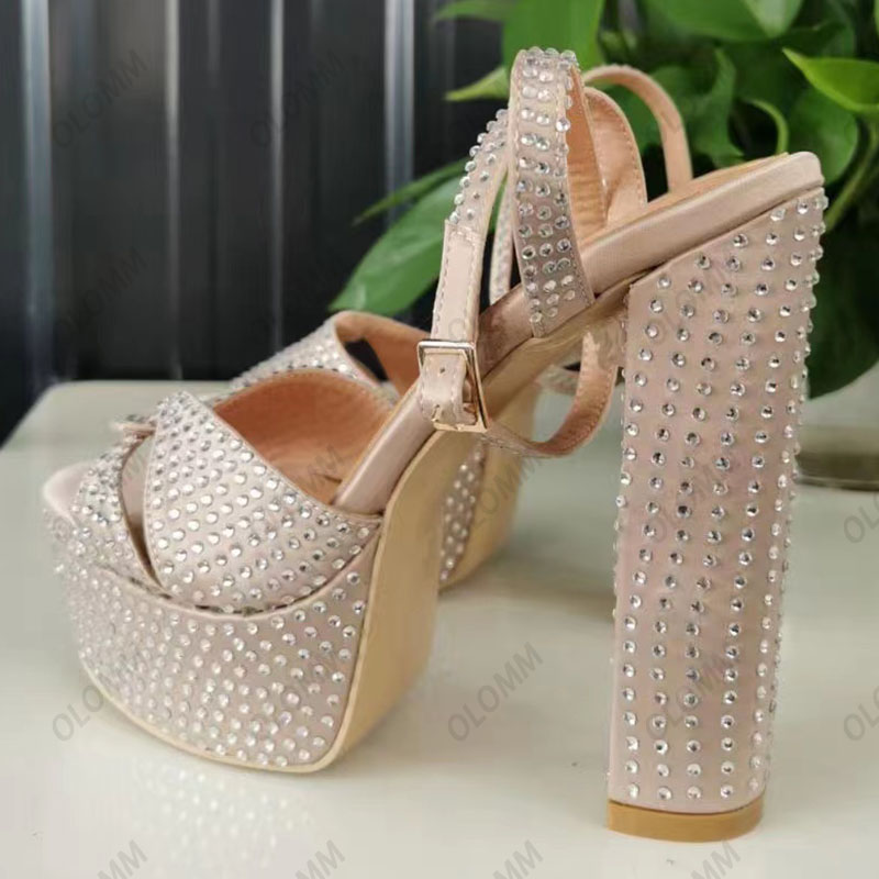 Olomm Handmade Women Platform Sandaler Crystal Faux Suede Block Heels OpenToe Pretty Grey Nude Party Shoes Storlek 35 47 52