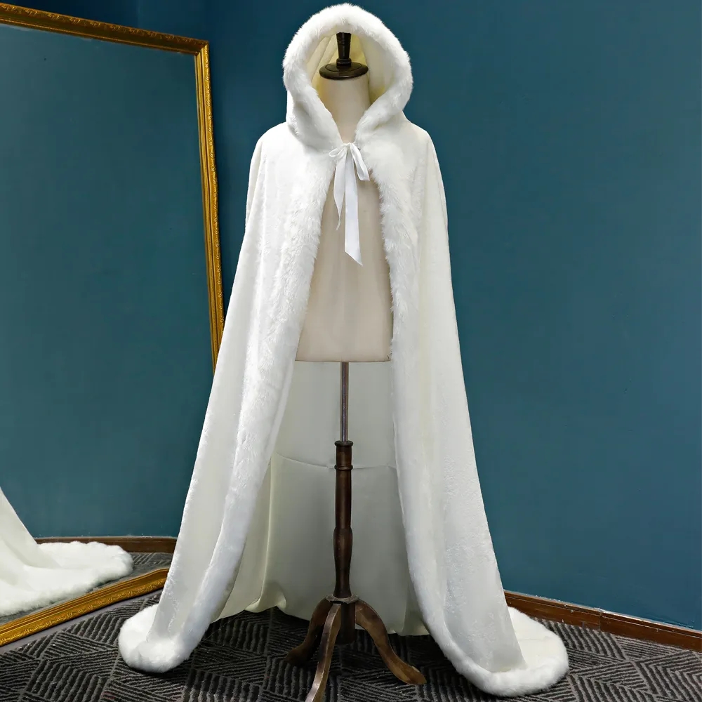 White Faux Fur Bridal Wraps Cloaks Long Winter Warm Fur Coat Shawl With Hat Wome Hoodie Cloak Cape For Wedding Accessories CL0989