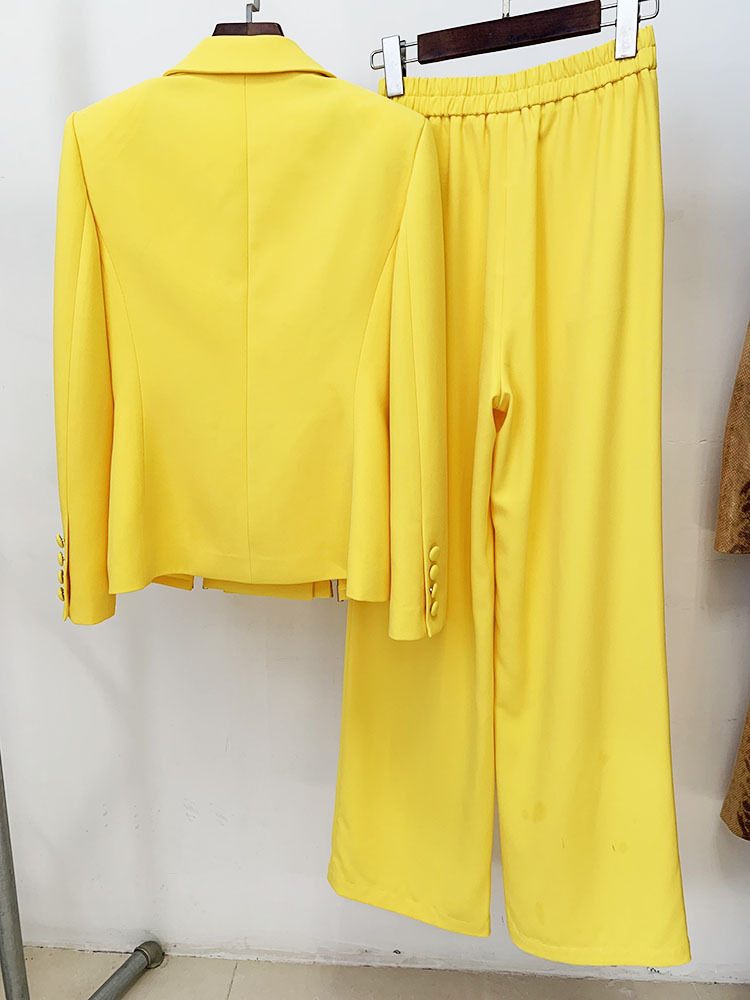 1029 XXL 2023 Estilo Milão Marca Outono Mesmo Estilo Conjuntos de Duas Peças Lapela Pescoço Amarelo Flora Imprimir Calças Compridas Império Manga Longa Roupas Femininas ouulaidi