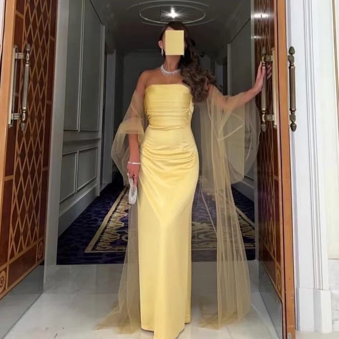 Fashionvane Strapless Saudi Arabia Prom Dresses 여성은 얇은 명주 그 특별 파티 이브닝 ​​가운과 함께 노란색을 입습니다.