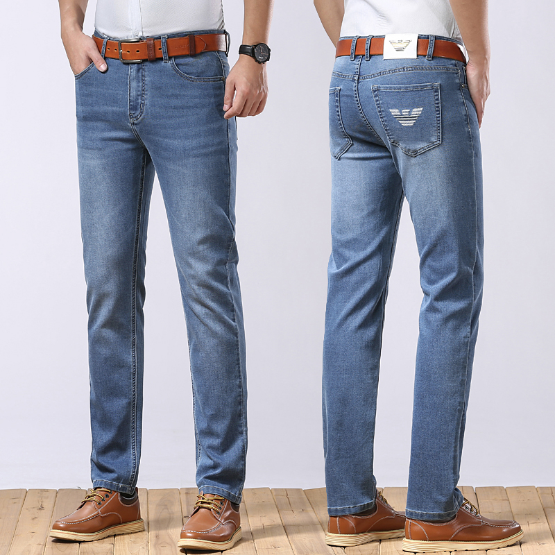 Jeans masculinos primavera verão fino denim fino ajuste europeu americano high-end marca pequena calças retas XL872-3