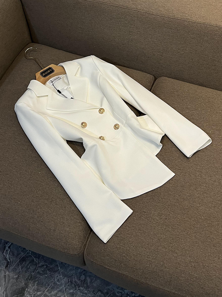 Automne blanc couleur unie deux pièces robe ensembles à manches longues revers cranté à volants blazers haut avec jupe au genou ensemble deux pièces costumes F3N020810