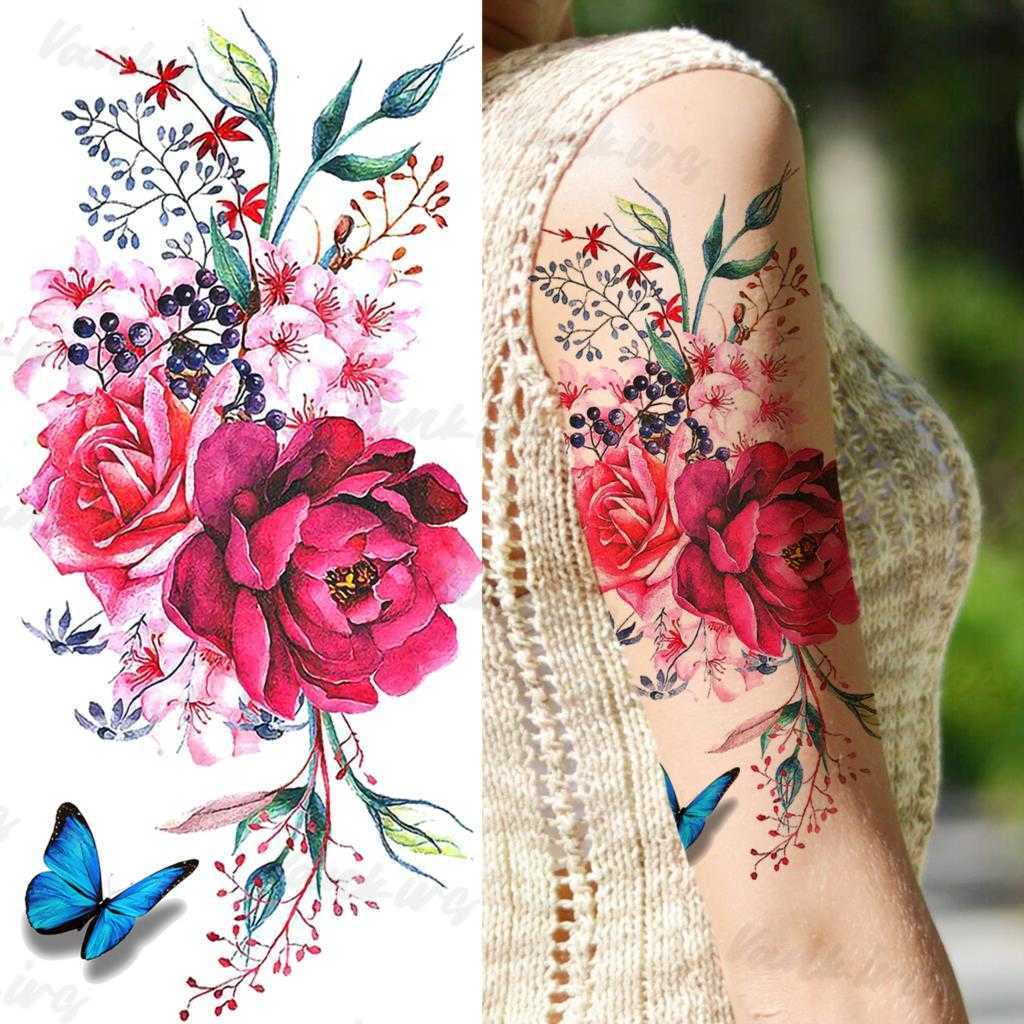 Temporära tatueringar Färgglada blomma tillfälliga tatueringar för kvinnor flickor realistiska lavendelfjärilar Flower Fake Tattoo Sticker underarm Body tatoos 3D Z0403