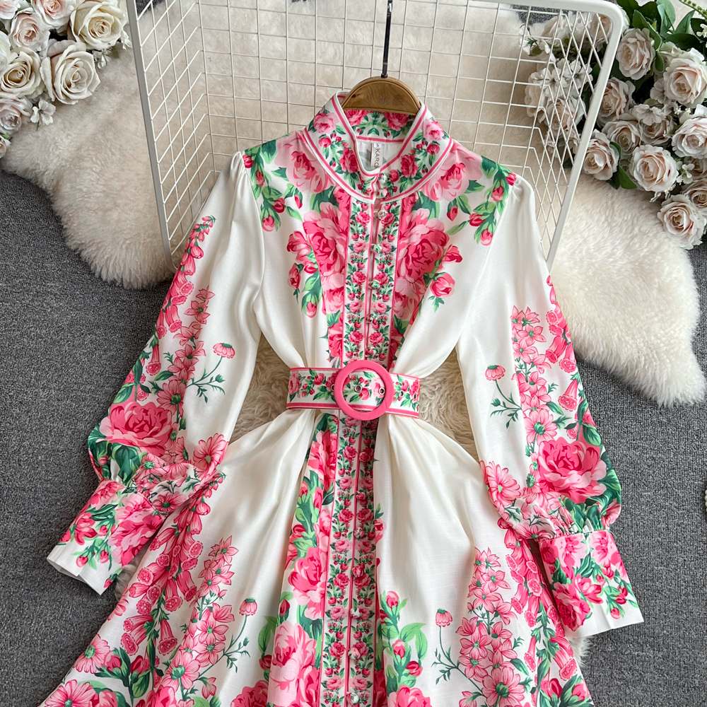 Kvinnor Casual Dresses Spring Summer 2024 Runway Fashion Flower Print Vintage Dress Stand Neck Long Lantern Sleeve Belted Mini Dress