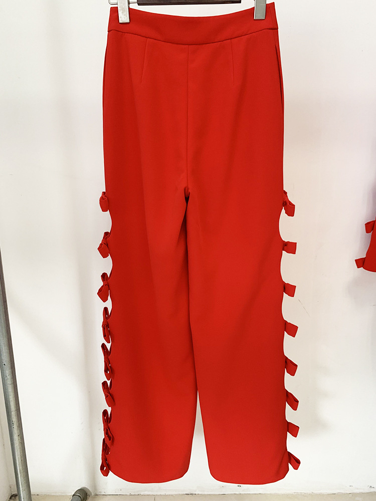 1028 XXL 2023 Milan Style Sonbahar Marka Aynı Stil İki Parça Setleri Mürettebat Boyun Kırmızı Flora Baskı Uzun Pantolon Empire Uzun Kollu Kadın Giysileri 20230520