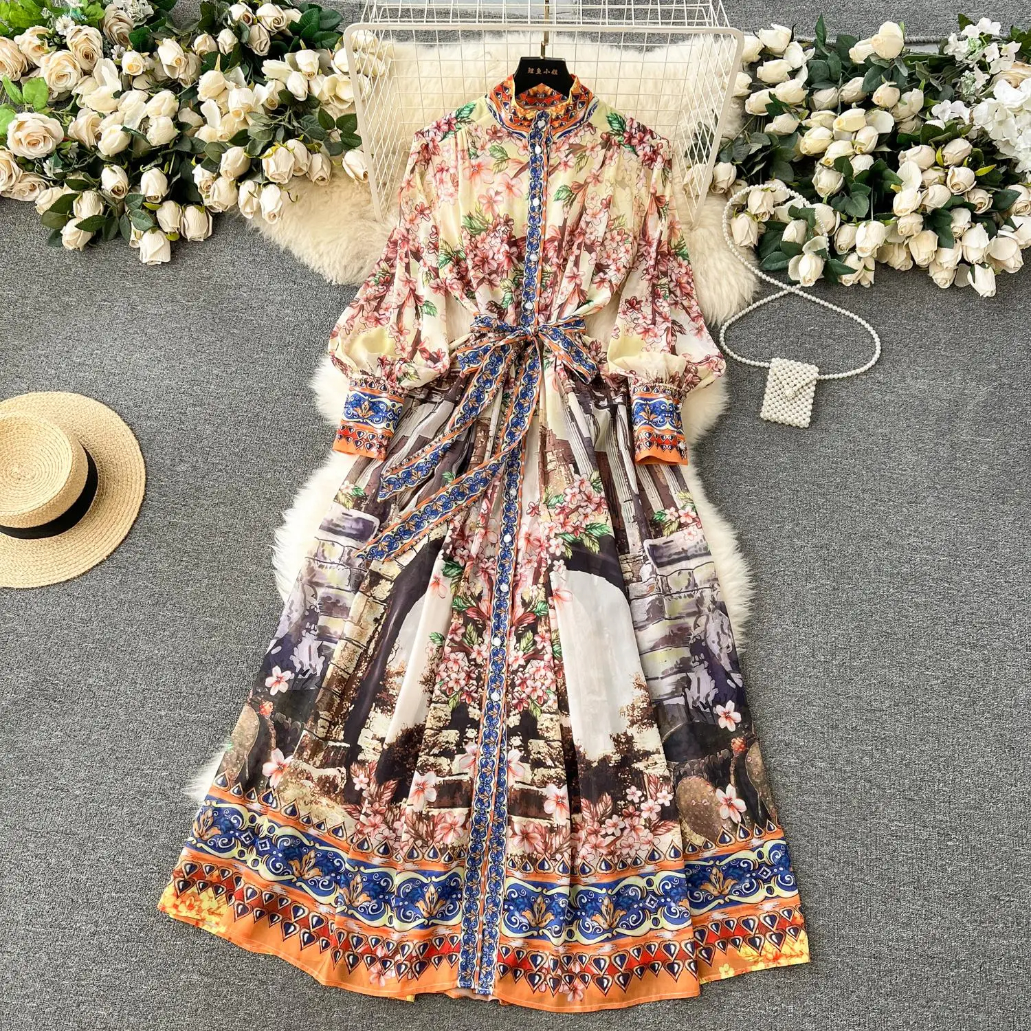 Basic Casual Dresses Fashion Runway Flower Chiffon Long Maxi Dress Women Stand Collar Lantern Sleeve Floral Print Belt Lace Up Boho Robe Vestidos 2024