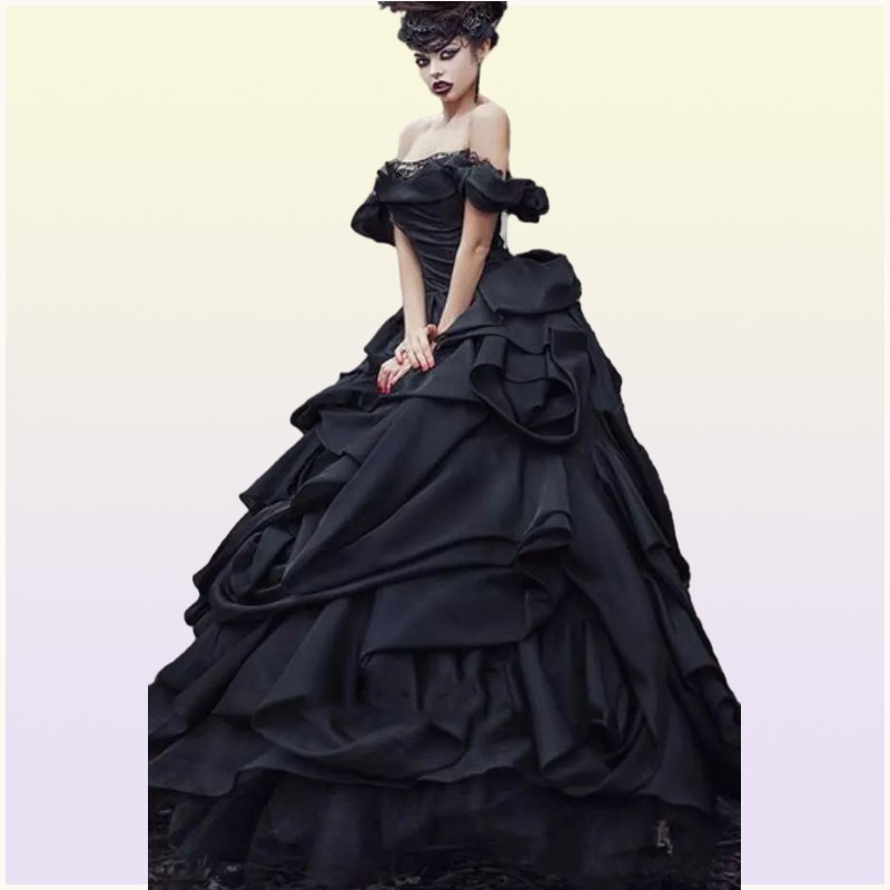 Vintage Black Ball Gown Wedding Dresses Off The Shoulder Full Length Long Cascading Ruffles And Ruched Gothic Bridal Gowns 2022 Me1934904