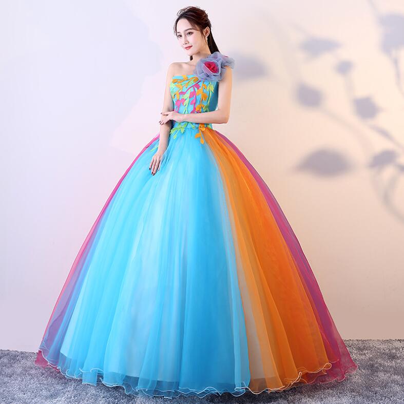 Prom Dresses Rainbow Organza Crystal Strapless Backless Flower Ball Gown Evening Gowns Floor Length Plus Size Formal Dress Drop Deli Dh21N