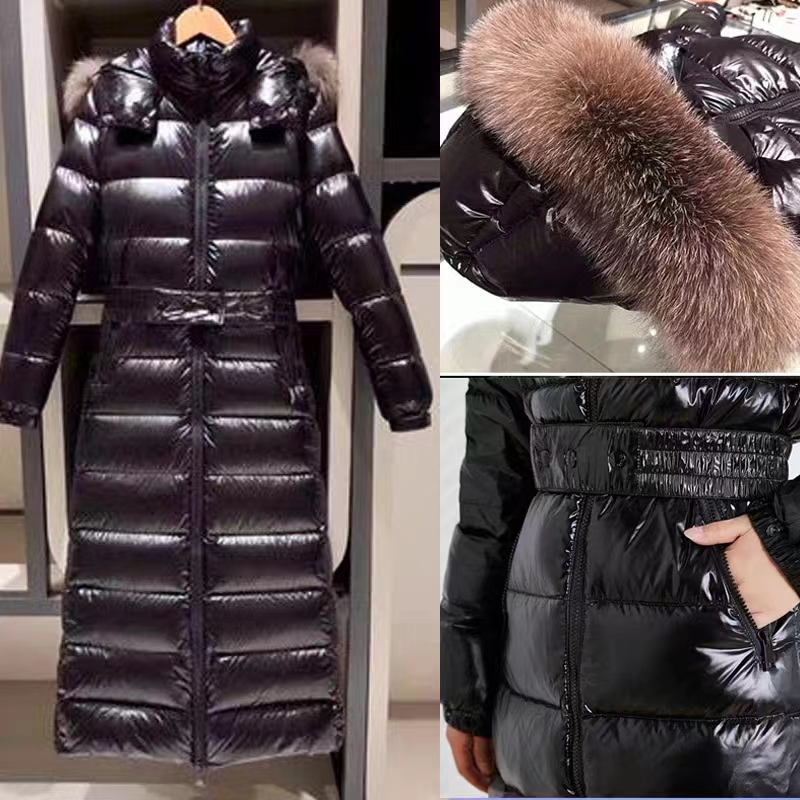 2023 Autumn Winter Women`s White Duck Down Parkas Zipper Jackets Hooded Fur Striped Woman`s Slim Long Coats MK23023