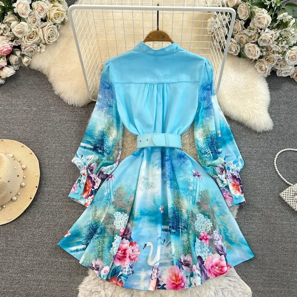 Grundläggande casual kvinnliga klänningar vår sommarkvinnor bomullslinne Kort klänning Runway Ruffles Stand Long Lantern Sleeve Single Breasted High Midist Party Vestidos 2024