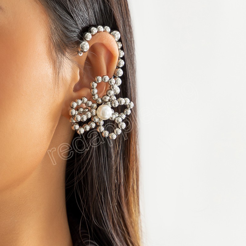 Silber Einteiler Elegante Perlenohrringe Damenmode Koreanische Perlen Blume Ohrclips Femme Hochzeitsschmuck Brincos Ohrstulpe