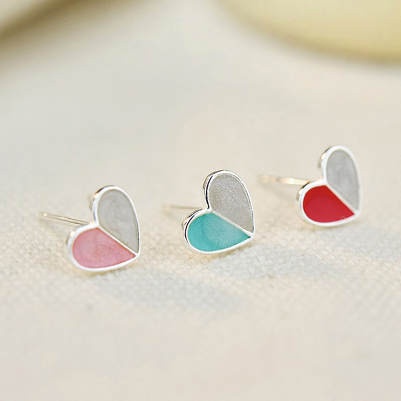 Earrings studs Love Heart Drop Glaze Silver Plated Earrings Student Girlfriends Sweet Cute Two Color Earrings Birthday women Fashion Jewelry