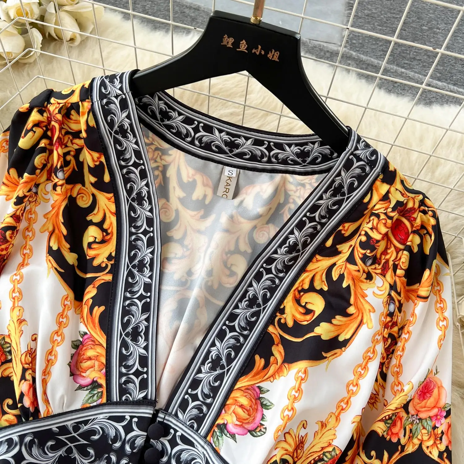 Basic Casual Women Dresses Spring Summer Runway Baroque Chiffon Maxi Dress Women Deep V Neck Long Sleeve Vintage Print Holiday Party Split Robe Vestidos 2024