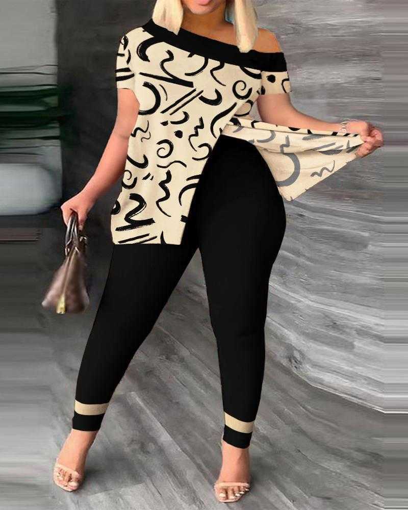 Plus size s-3xl dames tracksuits ontwerper 2-delige outfits 2023 lente zomer nieuwe gesplitste afgedrukte korte mouw tops tweedelige onregelmatige broek sets pak