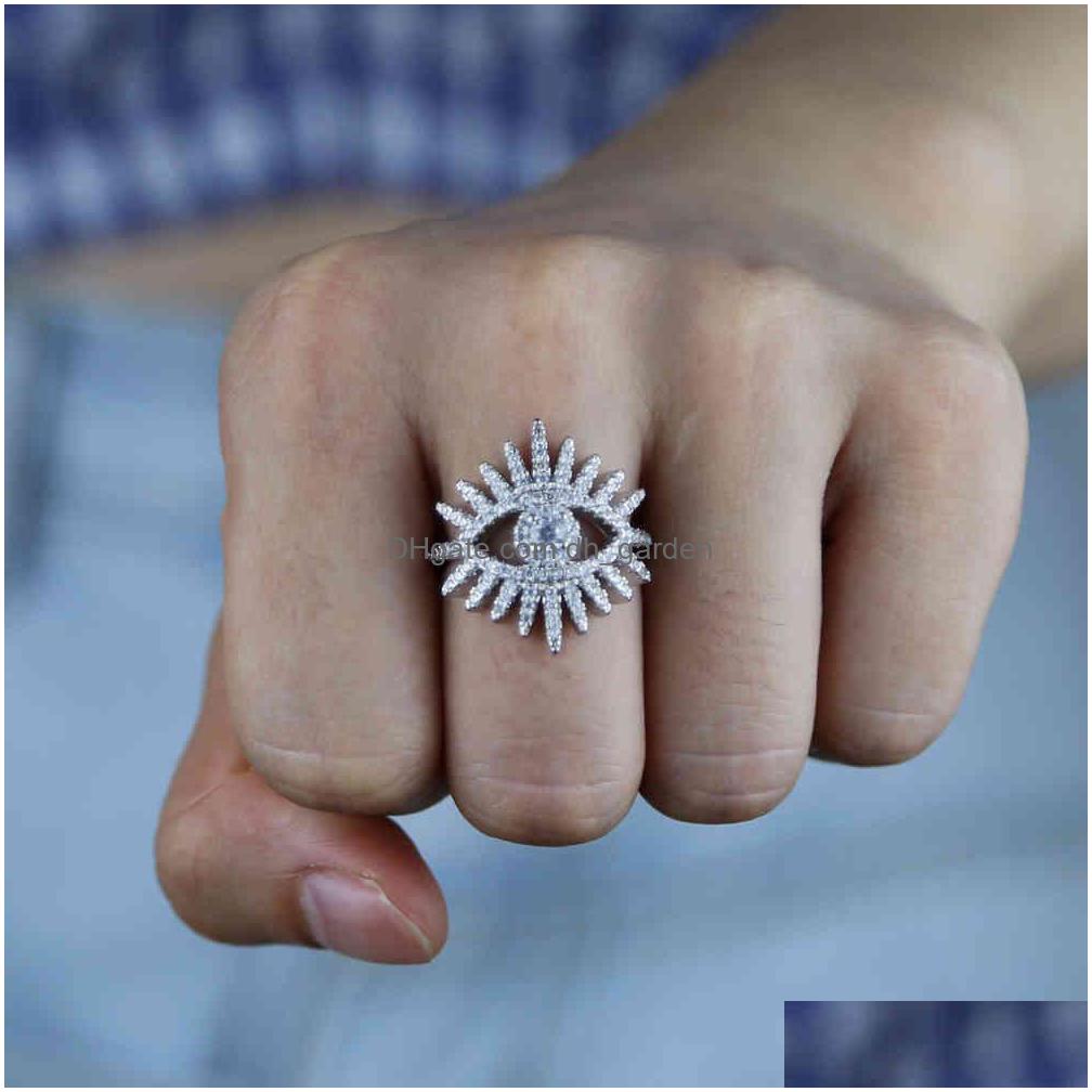 Parringar Sier Färg Sparking Bling 5A Clear Cubic Zirconia Eyelash Turkish Evil Eye Lucky Girl Finger Ring Drop Delivery Dhgarden Dhium