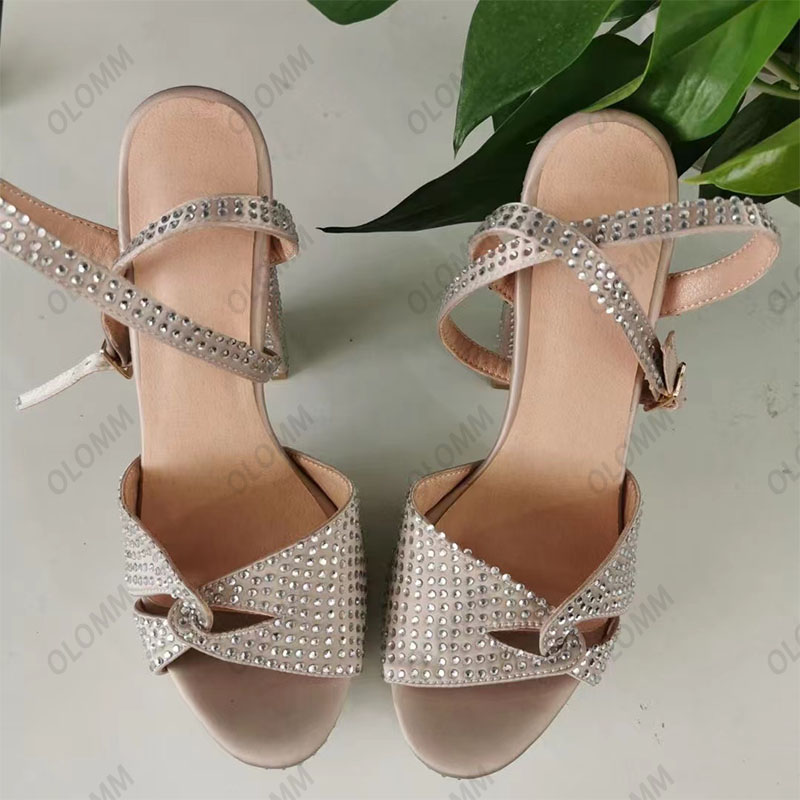 Olomm Handmade Women Platform Sandals Crystal Faux Suede Block Heels OpenToe Pretty Grey Nude Party Shoes Size 35 47 52