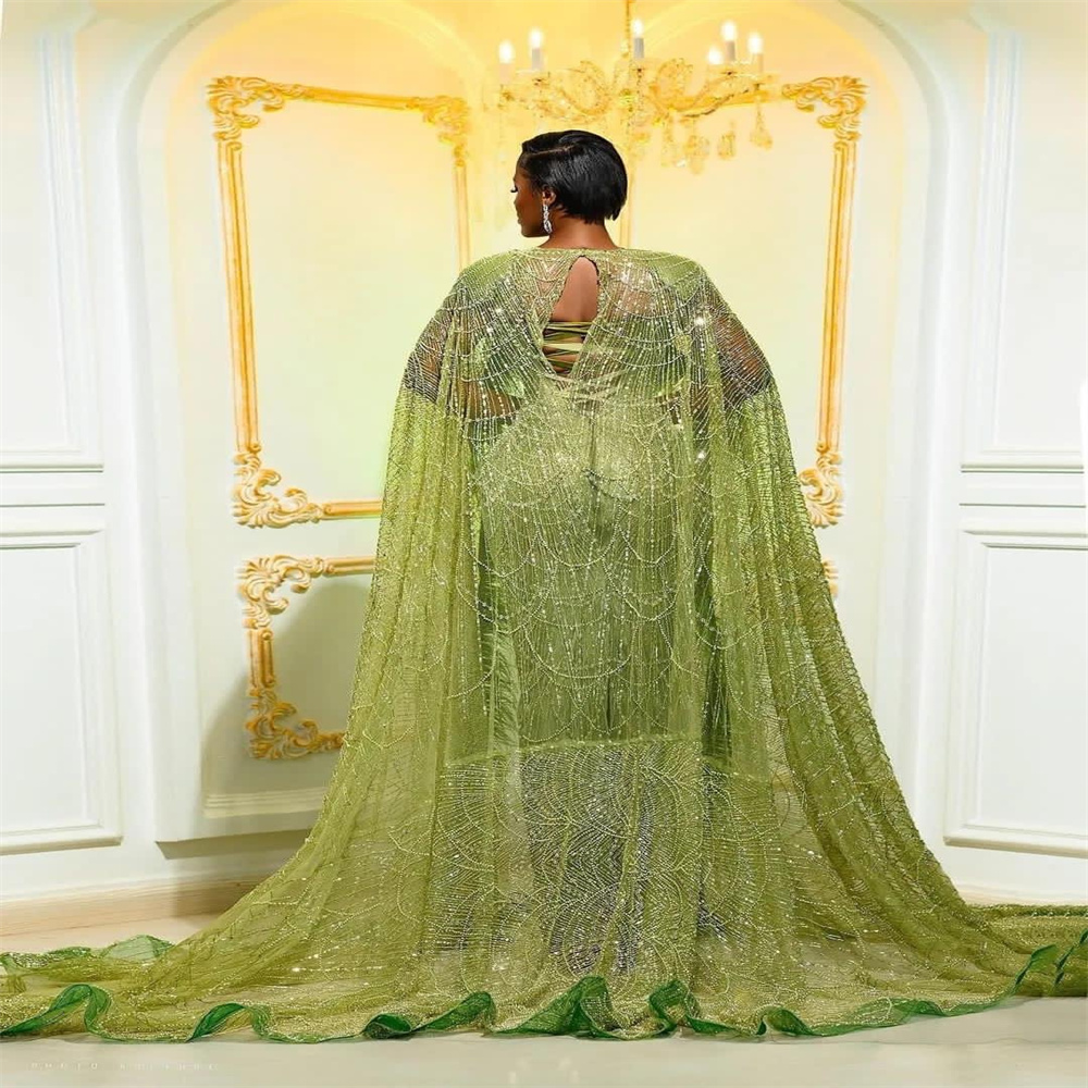 2023 arabe Aso Ebi vert sirène robe de bal paillettes dentelle robes de soirée plume anniversaire fiançailles deuxième robe robe femmes vêtements de cérémonie WD049