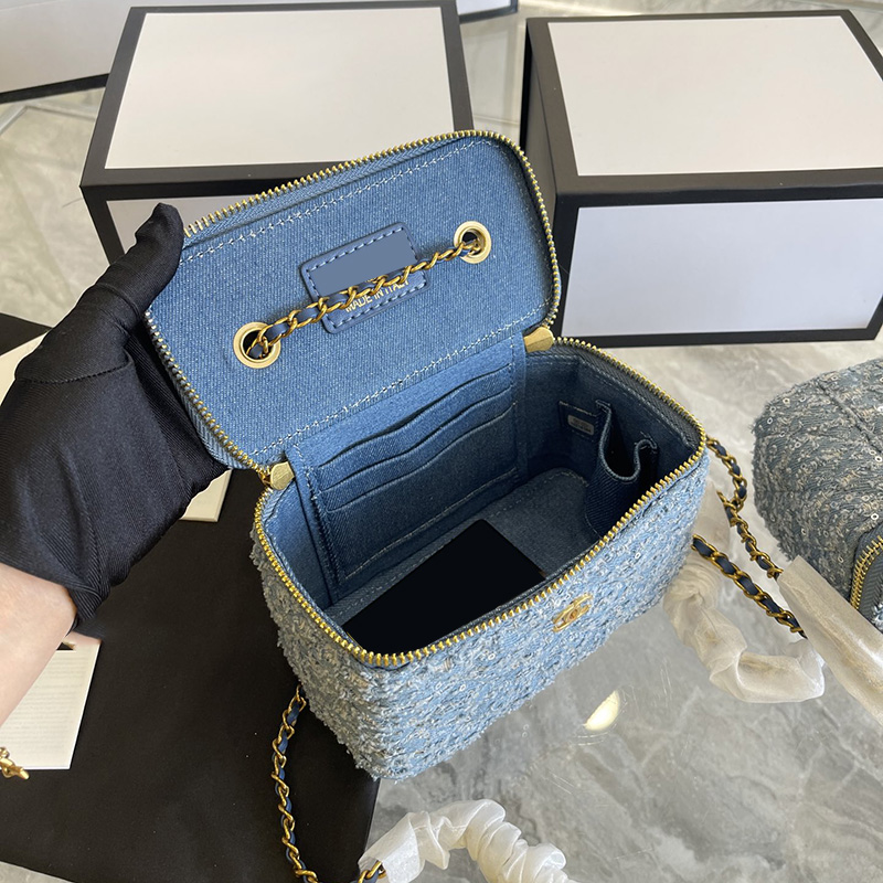 Damska klasyczna mini Vanity Denim Cekiny Pudełko Torba Pikowana Crush Ball Złoty metalowy sprzęt Matelasse Łańcuch Crossbody Ramię Projektant Kosmetyczka Torebka 10 CM / 19 CM