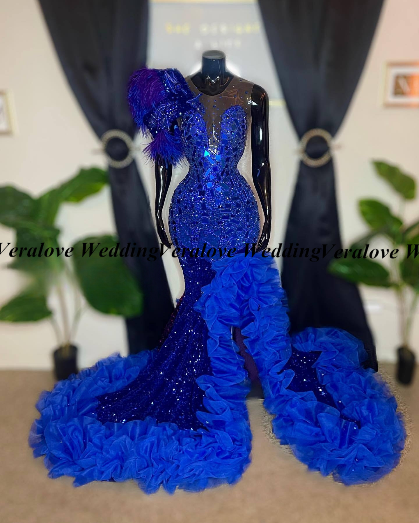 Azul real frisado cristal longo vestido de baile para meninas negras 2024 fenda babados vestidos de festa de aniversário sereia vestido de noite