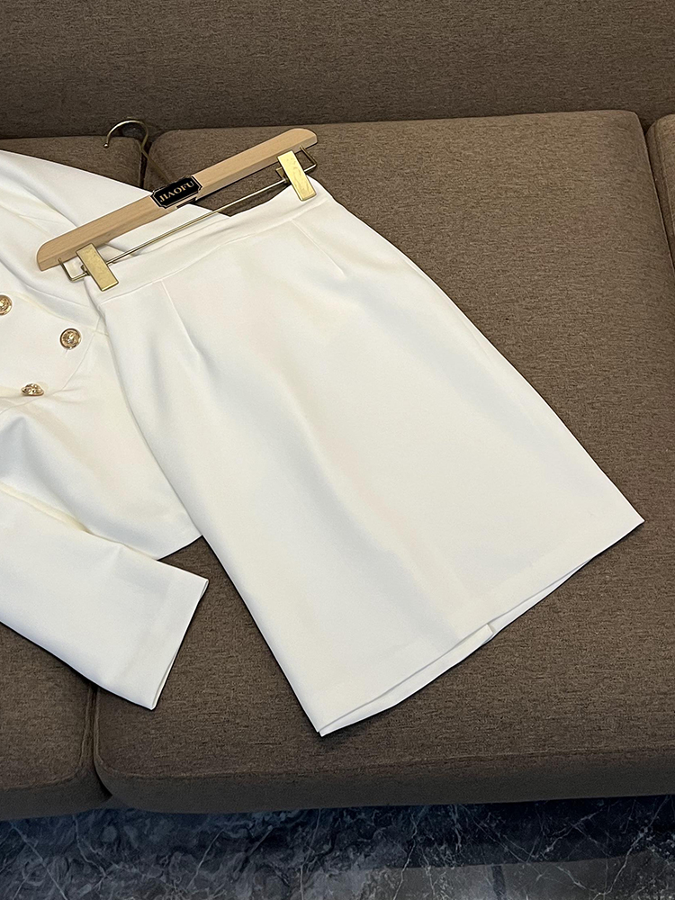 Automne blanc couleur unie deux pièces robe ensembles à manches longues revers cranté à volants blazers haut avec jupe au genou ensemble deux pièces costumes F3N020810