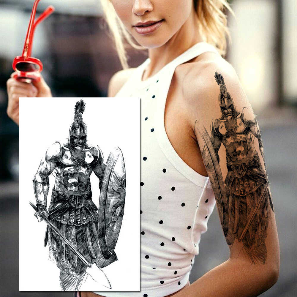 Tillfälliga tatueringar stora coola Spartan Warrior Temporära tatueringar för män pojkar Ancient Gladiator Fake Waterproof Big Arm Tattoo Stickers Ares Mars Z0403