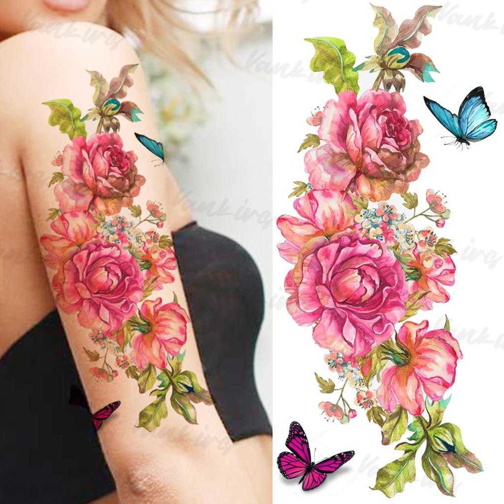 5 STÜCK Temporäre Tattoos Bunte Blume Temporäre Tattoos Für Frauen Mädchen Realistisch Lavendel Schmetterling Blume Fake Tattoo Aufkleber Unterarm Körper Tatoos 3D Z0403