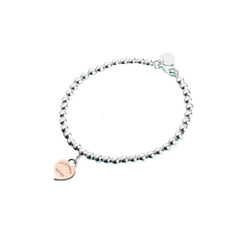 Chain Bangle Bracelet t Precision Pure Silver Smooth Face Love Peach Heart Round Beads Best Friend Womens Rose Gold Simple Fas 41XX