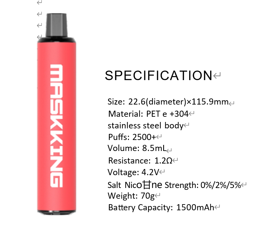 Original Maskking High GTS 2500 puffs engångs e-cigarett 1500mAh Uppladdningsbart batteri 10 smaker 2% 5% kapacitetsspole 22 ml OEM ODM VAPE