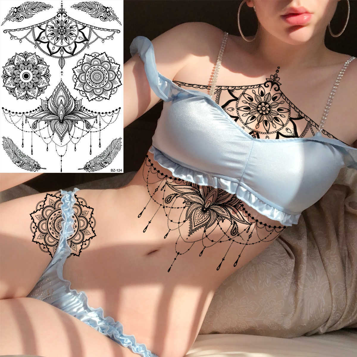 Tymczasowe tatuaże 3D Lotus Seksowne wisiorek Tymczasowe tatuaże dla kobiet dorosłych mandali kwiaty Fiathers Fałszywe naklejki tatuażu Underboob Tatoo Decal Z0403