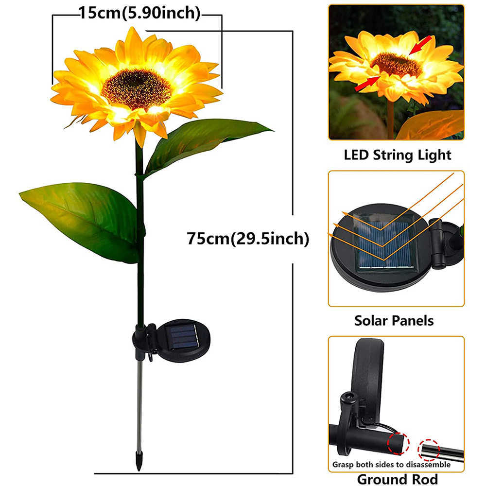 Lampy trawnikowe Słoneczniki Słoneczniki Outn Lawn Light IP65 Waterproof Solar Flowers Pathway Light For Patio Yard Wedding Dekoracja świąteczna P230406