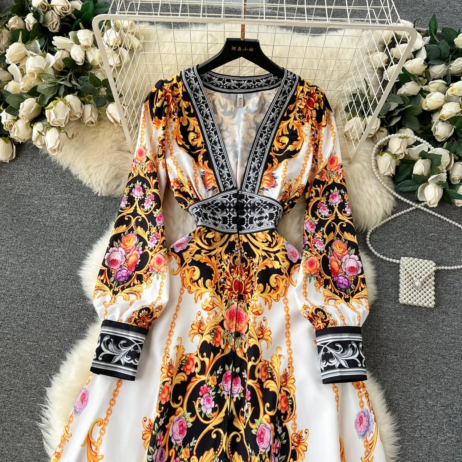 Basic Casual Women Dresses Spring Summer Runway Baroque Chiffon Maxi Dress Women Deep V Neck Long Sleeve Vintage Print Holiday Party Split Robe Vestidos 2024