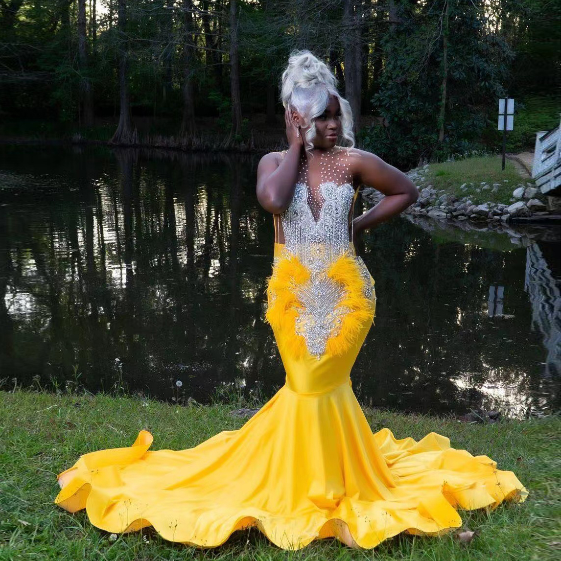 Robe De Bal sirène jaune pour filles noires, avec perles, glands et plumes, Robe De soirée d'anniversaire, nouvelle collection