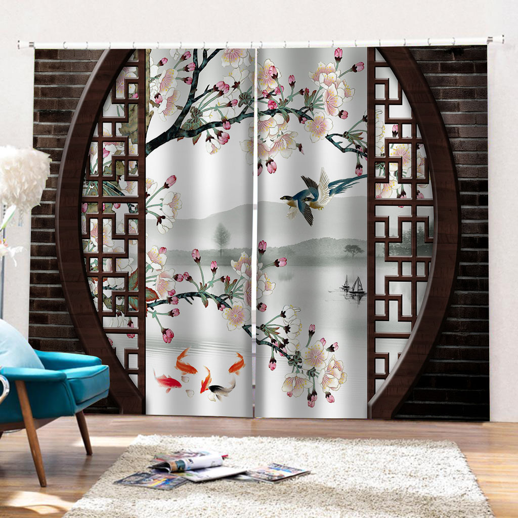 Classic Home Decor Curtain Design 3D Curtain Chinese Style Brick Plum Birds and flower curtain Shade Window Curtains For Bedroom