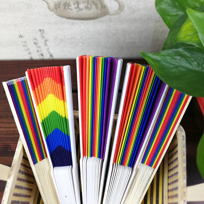 Rainbow Hand Hold dobring Fan Silk Silk Hand Fan Vintage Style Rainbow Design Hold Hold Party Supplies Dh87