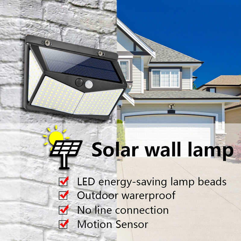 Novelbelysning Den nya 208 LED Solar Light Outdoors Motion Sensor Wall Light Garden Pathway Street Lamp Waterproof Solar Powered Spoodlight P230403