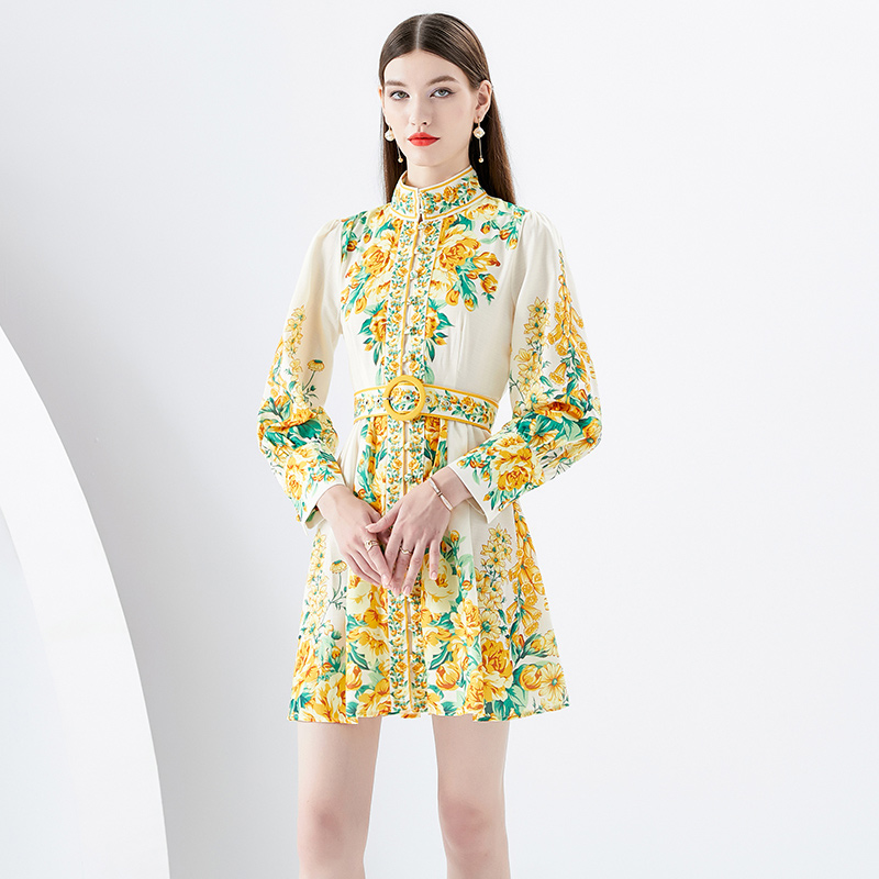 Floral Party Mini Vacation Dress Woman Designer Puff Sleeve Stand Collar Slim Ruched Party Dresses With Belt 2023 Spring Autumn Single-Breasted Runway A-Line Frocks