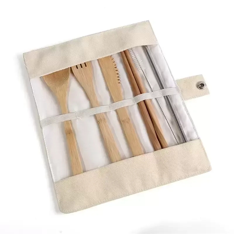 Ahşap yemek seti bambu çay kaşığı çatal çorba bıçağı catering çatal bıçak takımı ile bez çanta mutfak pişirme aletleri