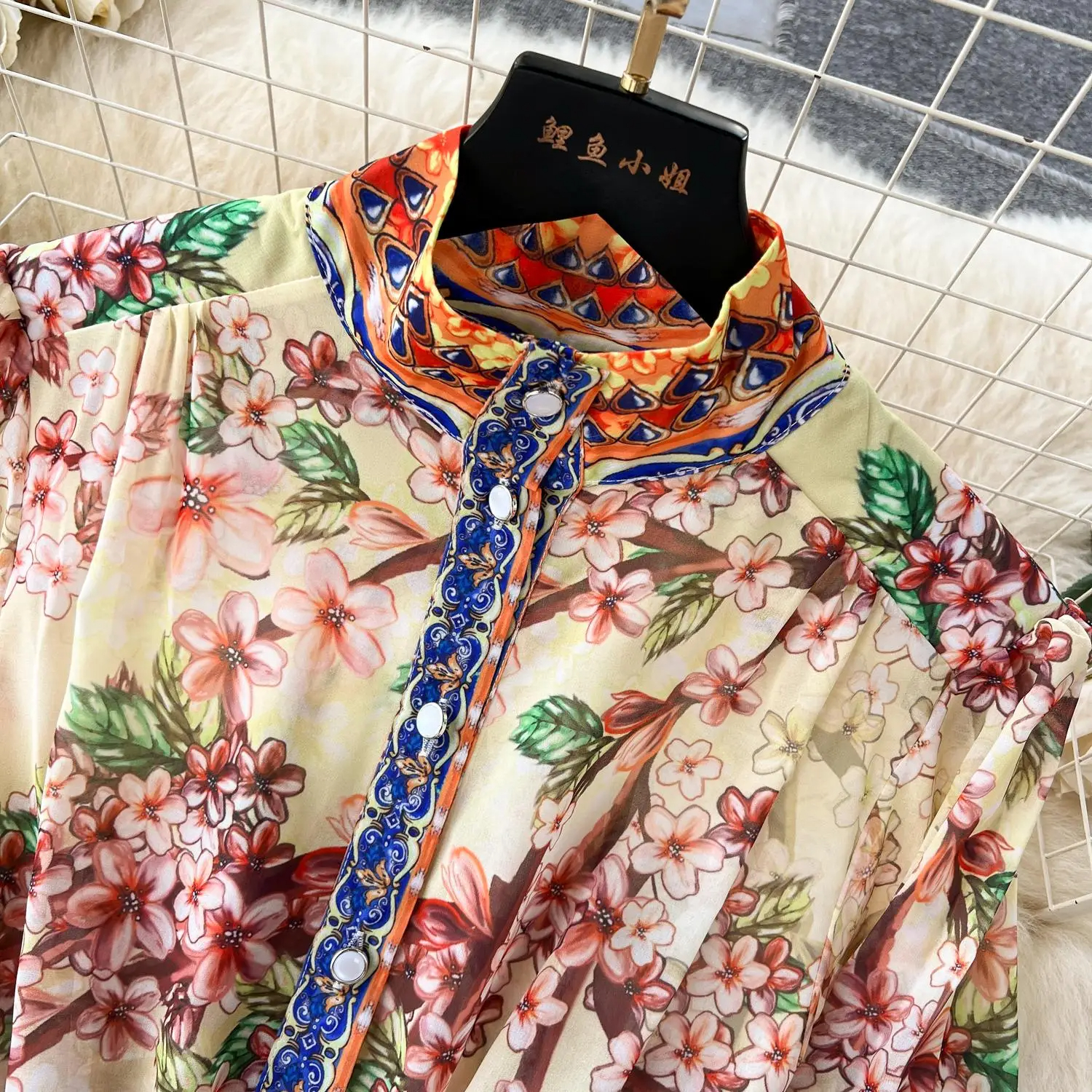 Basic Casual Women Dresses Fashion Runway Flower Chiffon Long Maxi Dress Women Stand Collar Lantern Sleeve Floral Print Belt Lace Up Boho Robe Vestidos 2024