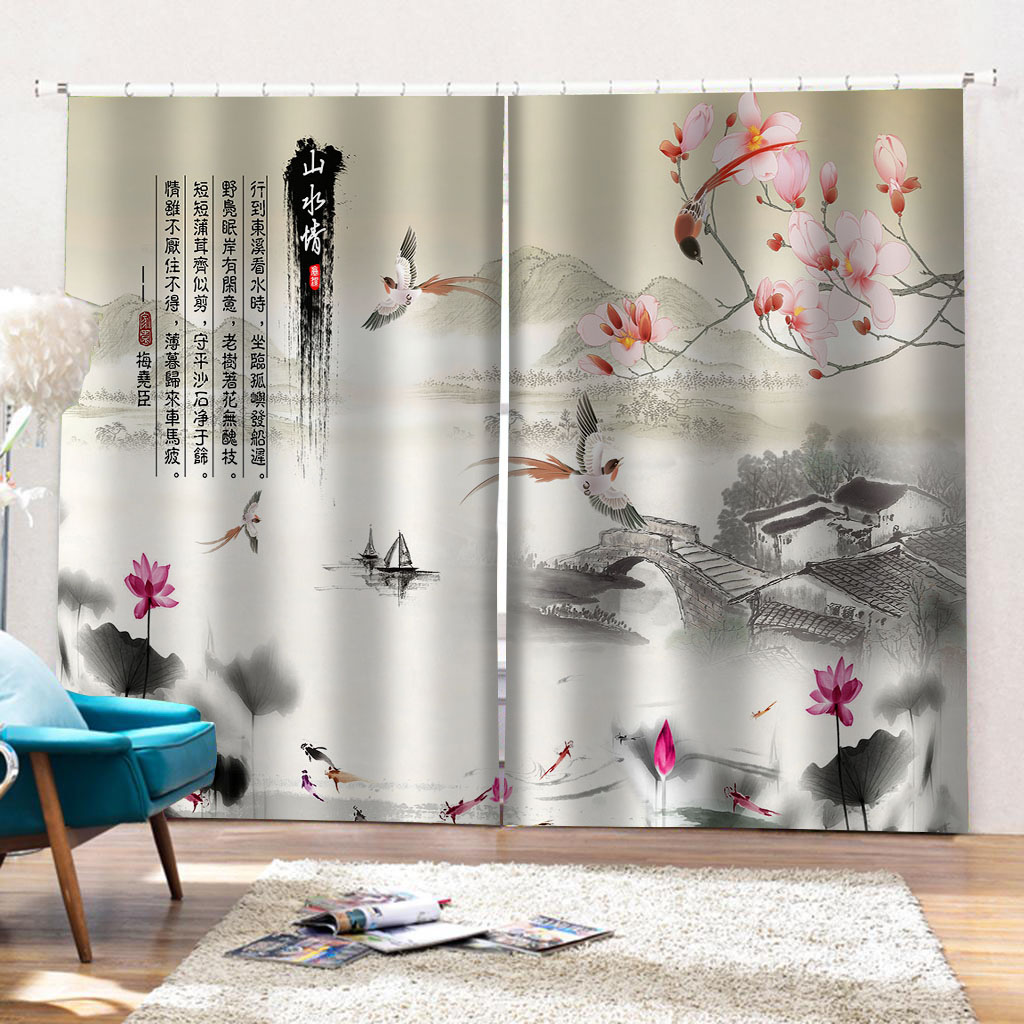 Classic Home Decor 3D Curtain Chinese Color Painting Bed Room Living Room Office Hotel Cortinas Blackout Curtain Fabric