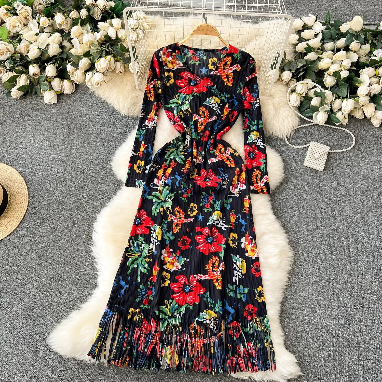 Basic Casual Women Dresses Oversize Pleated Dress V-Neck Spliced Tassel Long Sleeve Midi Dresses For Women 2023 New Spring Runway Clothes 2024