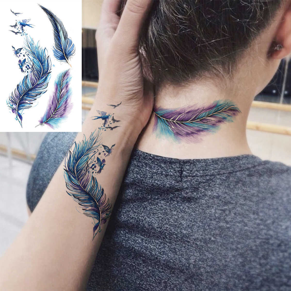 5 STÜCK Temporäre Tattoos Schwarze Feder Hals Temporäre Tattoos Für Frauen Erwachsene Traumfänger Flügel Realistische Gefälschte Tätowierung Wasserdichte Körperkunst Tatoos Aufkleber Z0403