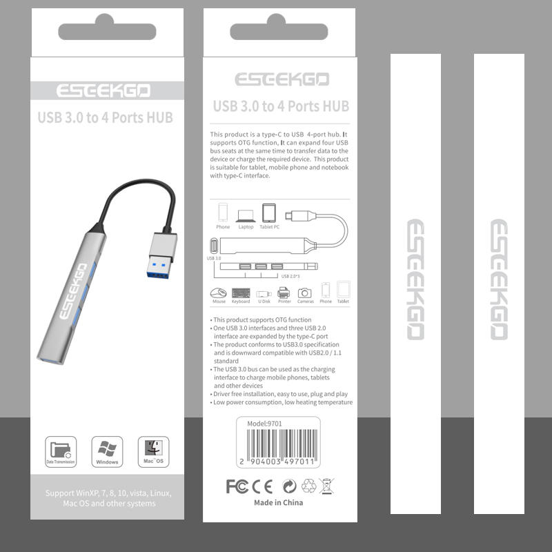 ESEEKGO UAC-9701 Typ-C USB 3.0 bis 4 Ports Hub für Computer-Plug-and-Play-Splitter für Laptops-Drucker-Tastatur-Maus-Zubehör im Einzelhandel