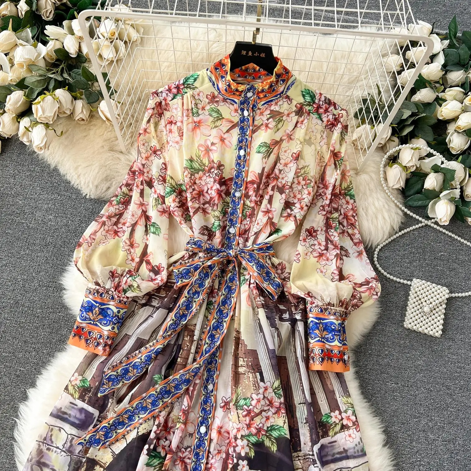 Basic Casual Dresses Fashion Runway Flower Chiffon Long Maxi Dress Women Stand Collar Lantern Sleeve Floral Print Belt Lace Up Boho Robe Vestidos 2024