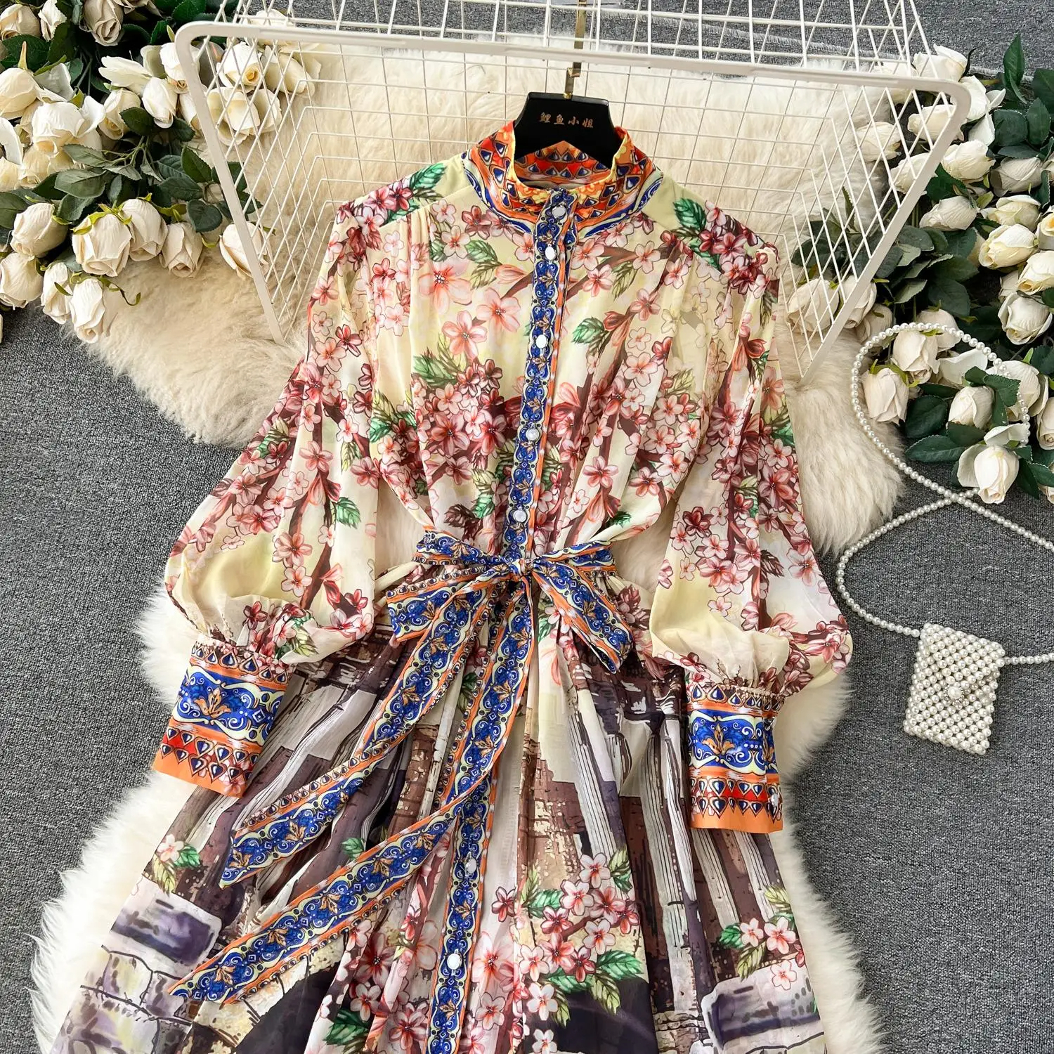 Basic Casual Women Dresses Fashion Runway Flower Chiffon Long Maxi Dress Women Stand Collar Lantern Sleeve Floral Print Belt Lace Up Boho Robe Vestidos 2024