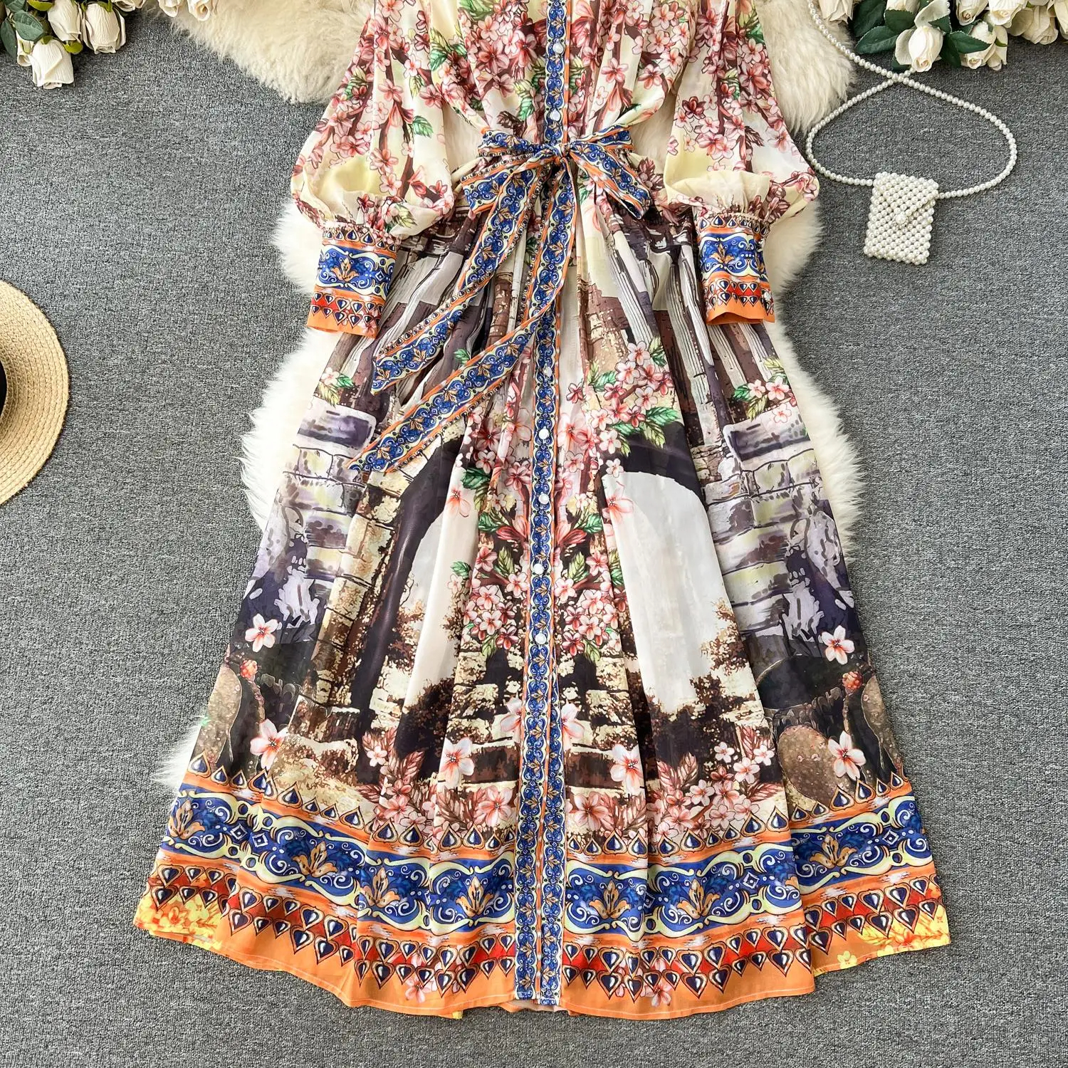 Basic Casual Women Dresses Fashion Runway Flower Chiffon Long Maxi Dress Women Stand Collar Lantern Sleeve Floral Print Belt Lace Up Boho Robe Vestidos 2024