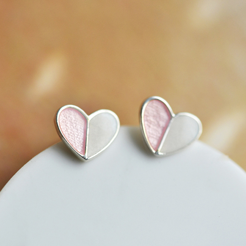 Earrings studs Love Heart Drop Glaze Silver Plated Earrings Student Girlfriends Sweet Cute Two Color Earrings Birthday women Fashion Jewelry